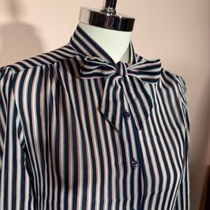 Vintage 70’s Panther Puff sleeves Tie Bow Neck Striped Blouse